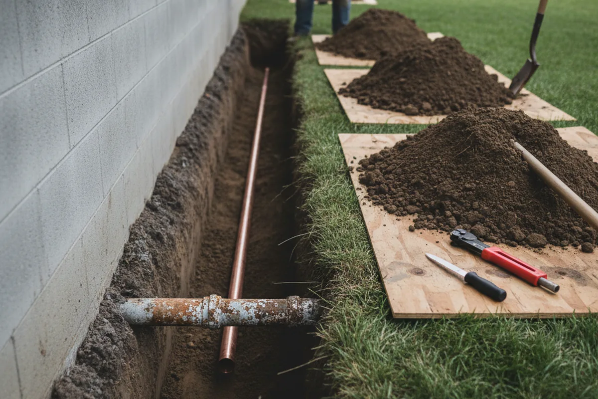 Excavated water line trench during Water Heater Repair in Pocono Lake
